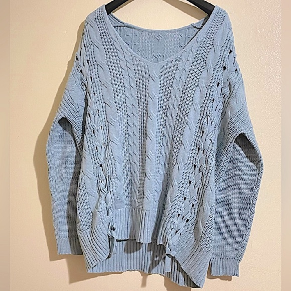 V Neck Oversized Cable Knit Lace Up Chunky Pullover Sweater Tunic Top- NWOT